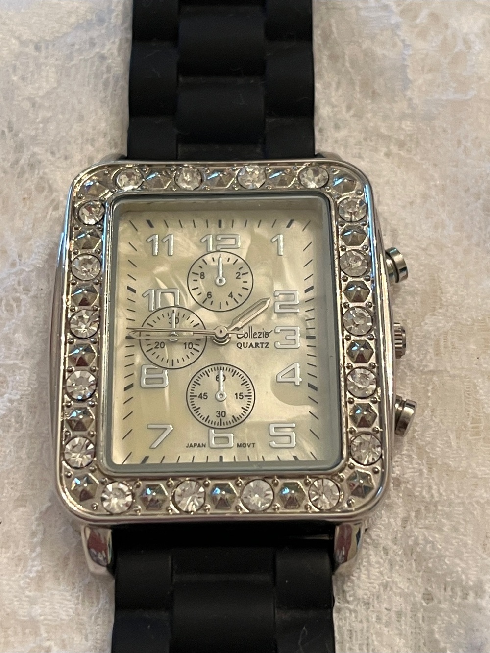 Collezio Women's Silver Crystal-Trim Watch with Black Strap